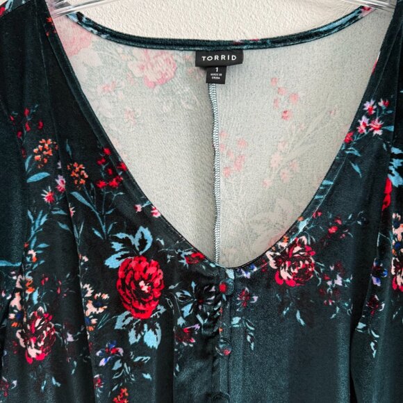 Torrid Floral Velvet Mini Dress - Green and Red - Picture 3 of 10